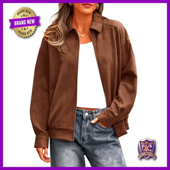 Faux Suede Bomber Jacket Oversized Chic Casual Zip Up Winter Outerwear